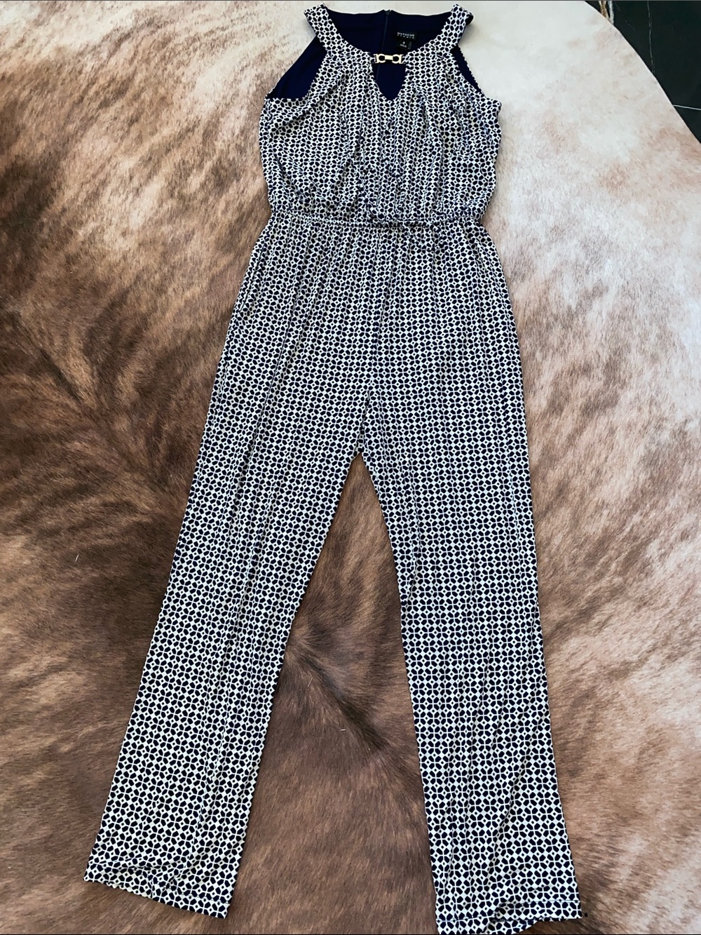 Enfocus Studio Navy and White Patterned Sleeveless Jumpsuit with Gold Detail